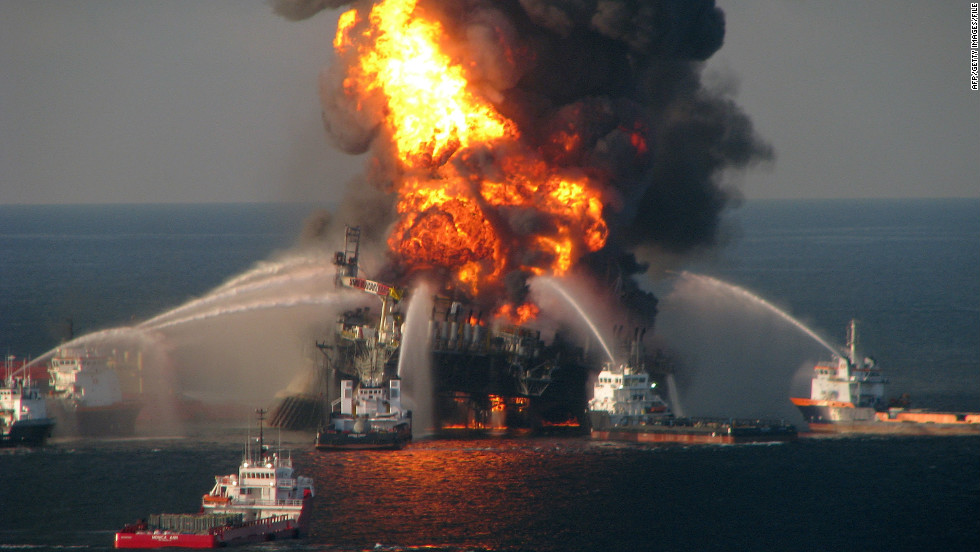 The US Coast Guard battles the blazing remnants of the offshore oil rig Deepwater Horizon in the Gulf of Mexico on April 21, 2010, near New Orleans, Louisiana.