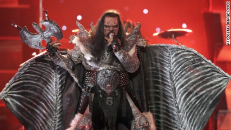 Finland&#39;s Lordi performs the song &quot;Hard Rock Hallelujah&quot; during the 51st Eurovision final song contest in 2006.