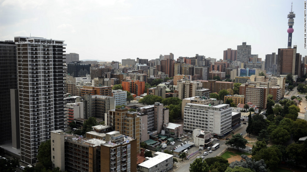An aerial view of downtown Johannesburg, with the 269m Hillbrow Tower, Africa&#39;s tallest structure, in the background. The city center has been the site of intensive rejuvenation efforts following years of urban decay in the 1990s.