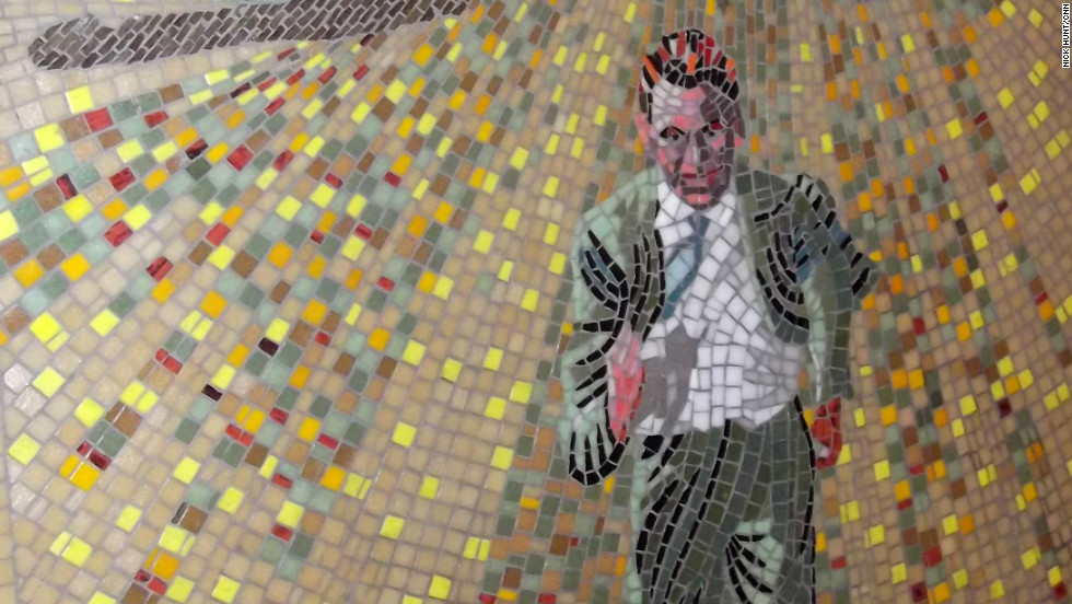 Leytonstone tube station in East London is decorated with mosaic murals featuring scenes from the life of director Alfred Hitchcock, who was born nearby, and his movies.
