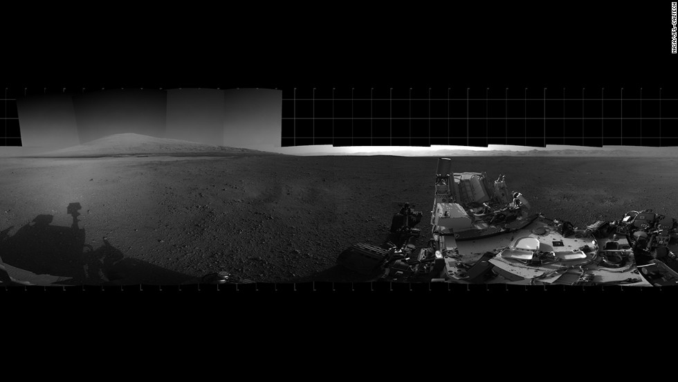 With the addition of four high-resolution Navigation Camera, or Navcam, images, taken on August 18, 2012. Curiosity&#39;s 360-degree landing-site panorama now includes the highest point on &quot;Mount Sharp&quot; visible from the rover. Mount Sharp&#39;s peak is obscured from the rover&#39;s landing site by this highest visible point. 