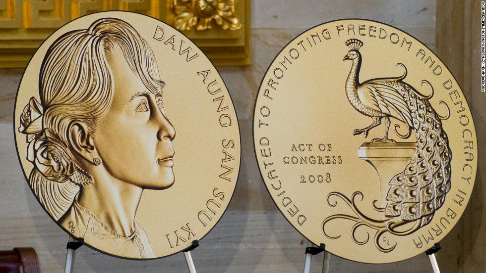 A large cutout of the Congressional Gold Medal awarded to Suu Kyi is on display on Wednesday.