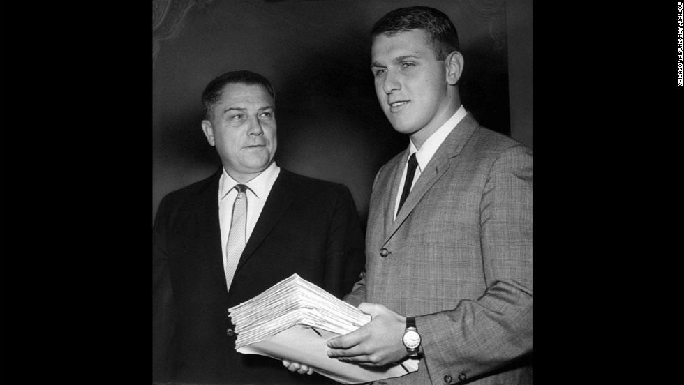 Hoffa and his son, James Phillip, enter a federal courtroom in July 1964. His son is the current president of the Teamsters.