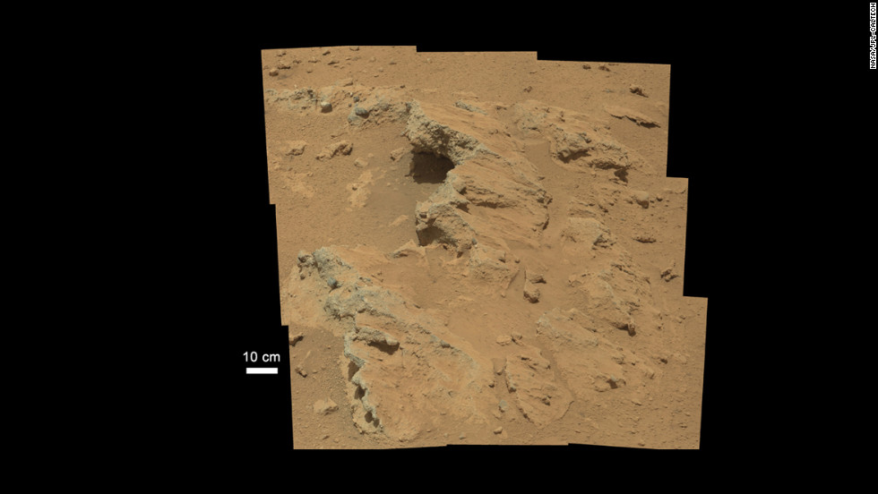 NASA&#39;s Curiosity rover found evidence for what scientists believe was an ancient, flowing stream on Mars at a few sites, including the rock outcrop pictured here. The key evidence for the ancient stream comes from the size and rounded shape of the gravel in and around the bedrock, according to the Jet Propulsion Laboratory/Caltech science team. The rounded shape leads the science team to conclude they were transported by a vigorous flow of water. The grains are too large to have been moved by wind.