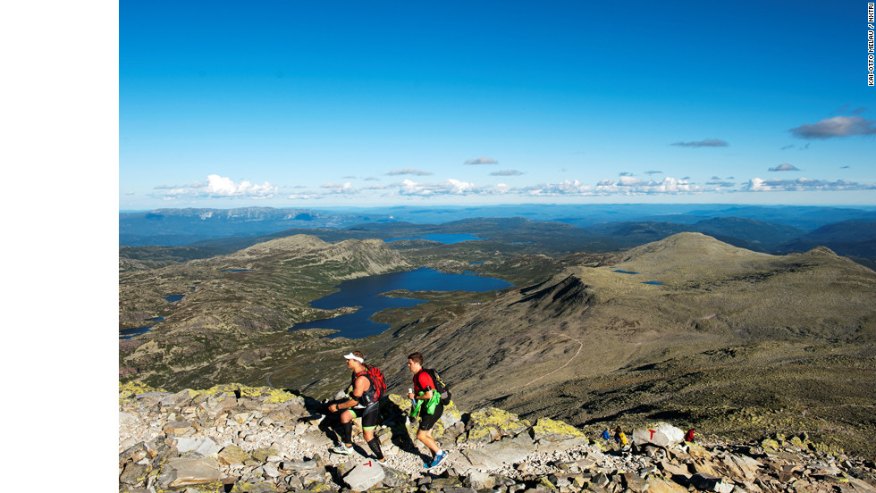 The Norseman in Norway is surely among the toughest of all ironman events with the start seeing athletes jump into a freezing fjord to swim 3.8km. They cycle 180km through mountainous terrain and the 42km marathon run finishes on top of the 1880m Gaustatoppen mountain. 