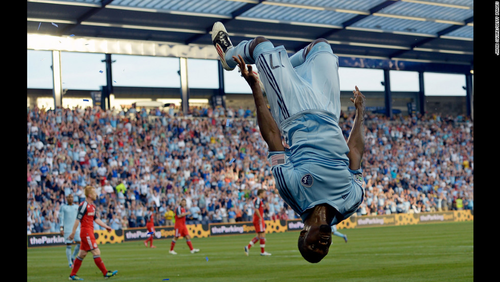C.J. Sapong of Sporting KC does a backflip after scoring during the Major League Soccer game against the Toronto FC on June 16 in Kansas City.