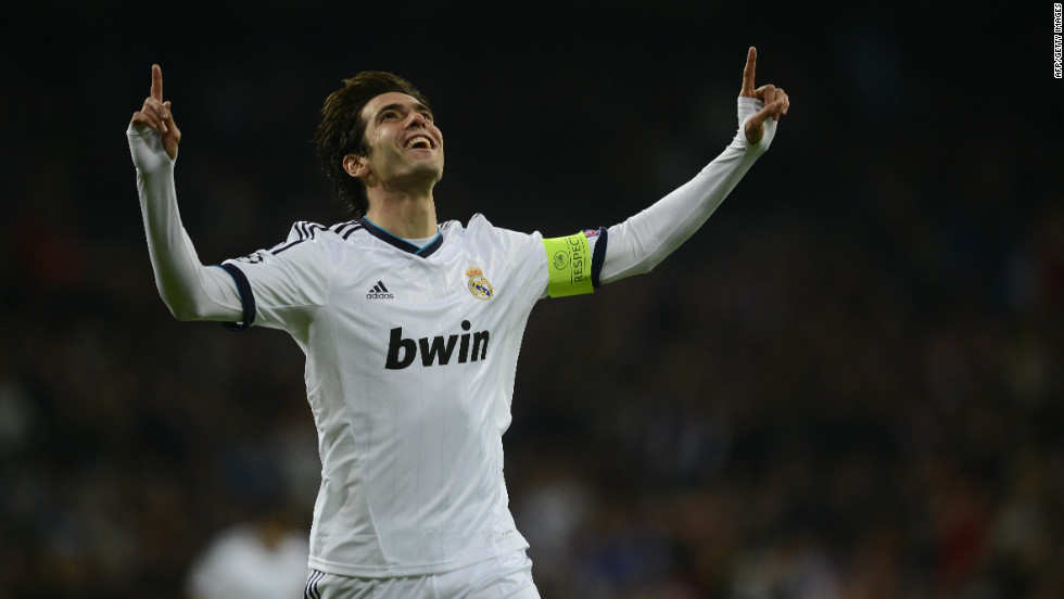 Real Madrid&#39;s Kaka celebrates becoming the all-time leading Brazilian goalscorer in Champions League history after claiming his 28th strike in the competition to overtake Rivaldo.