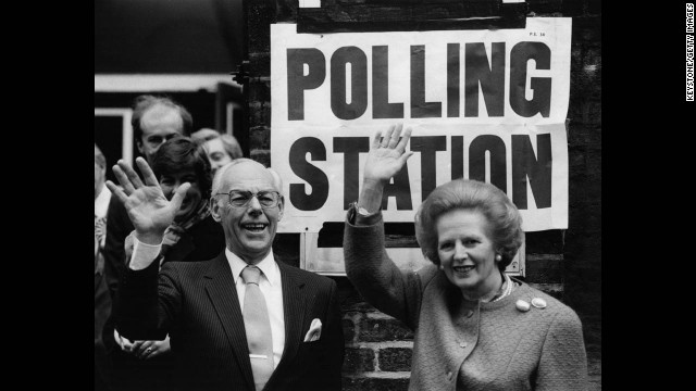 Prime Minister, Margaret Thatcher, and husband Denis at the Castle Street polling station in London on June 11, 1987. .
