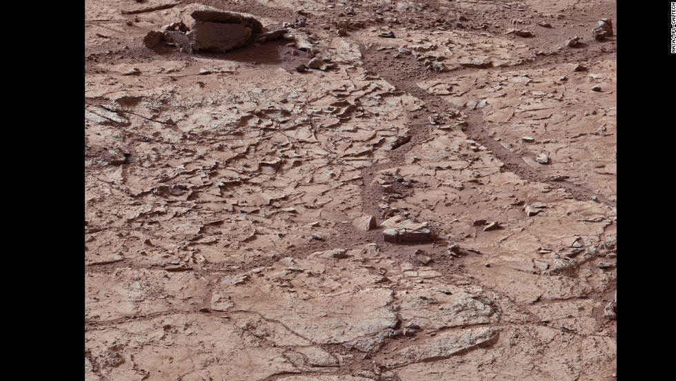 A view of what NASA describes as &quot;veined, flat-lying rock.&quot; It was selected as the first drilling site for the Mars rover.