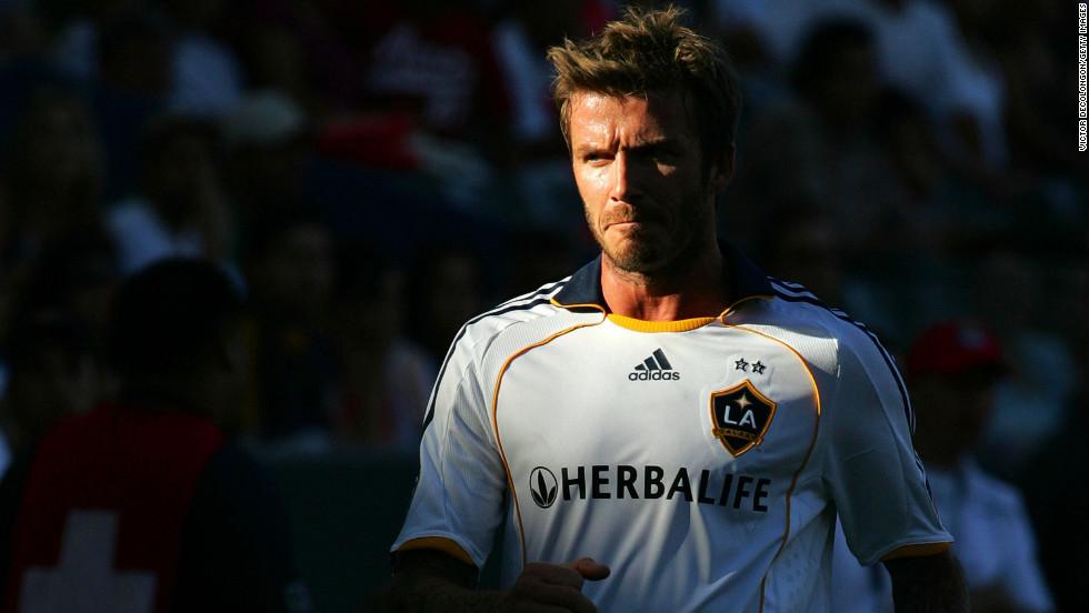 Beckham, during his time with the Los Angeles Galaxy, walks toward the line judge to have a chat during Game 1 of the MLS Western Conference semifinals in 2009.
