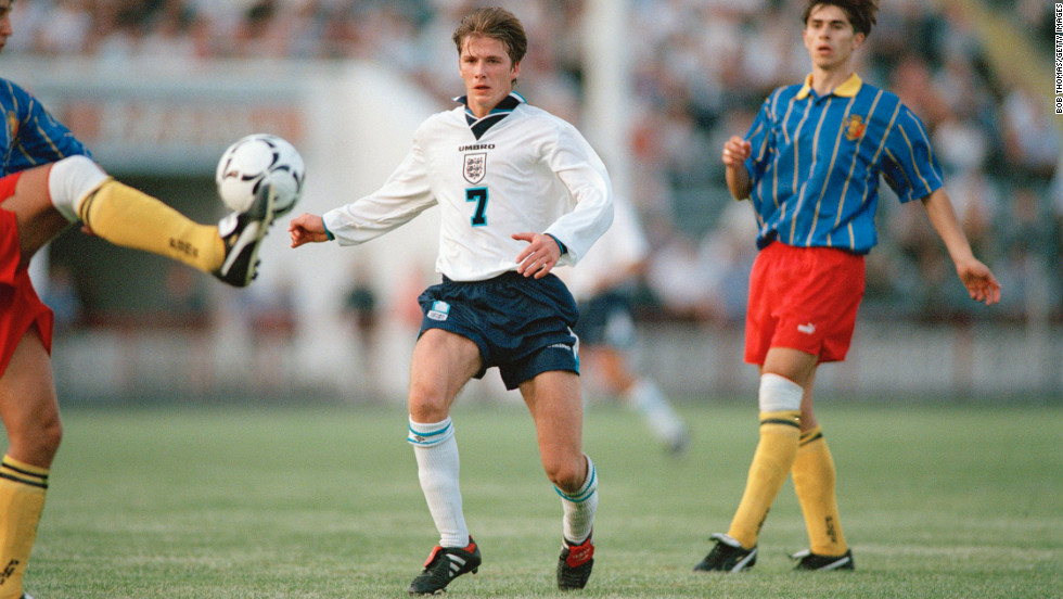 Beckham makes his England debut at a World Cup qualifying match against Moldova in 1996.