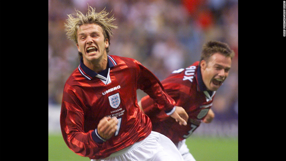 Beckham celebrates his goal against Colombia in the 1998 World Cup.