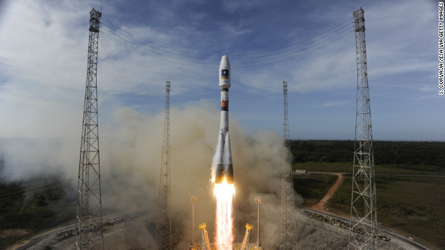 The 2012 Soyuz rocket takes off to place the second pair of Galileo satellites in orbit.