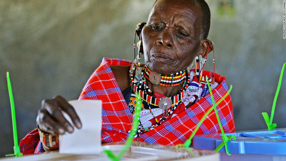 An elederly Maasai woman casts her vote in Ilngarooj, Kajiado County, Maasailand, on March 4, 2013.