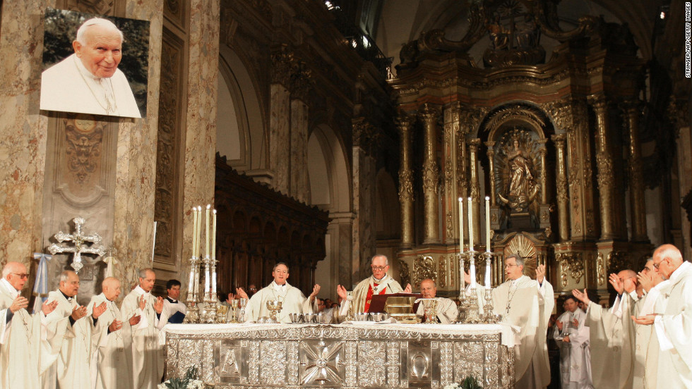 Cardinal Bergoglio, center, officiates a Holy Mass for the eternal rest of Pope John Paul II on April 5, 2005, at Buenos Aires&#39; Metropolitan Cathedral.