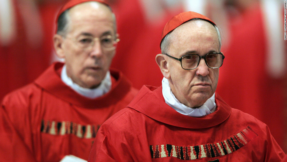 Bergoglio, right, and Peru&#39;s Cardinal Juan Luis Cipriani Thorne attend the special &quot;pro eligendo summo pontifice&quot; (to elect supreme pontiff) Mass in Vatican City in April 2005.