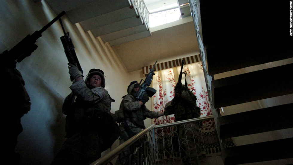 Marines search houses in Fallujah for insurgents on November 10, 2004.