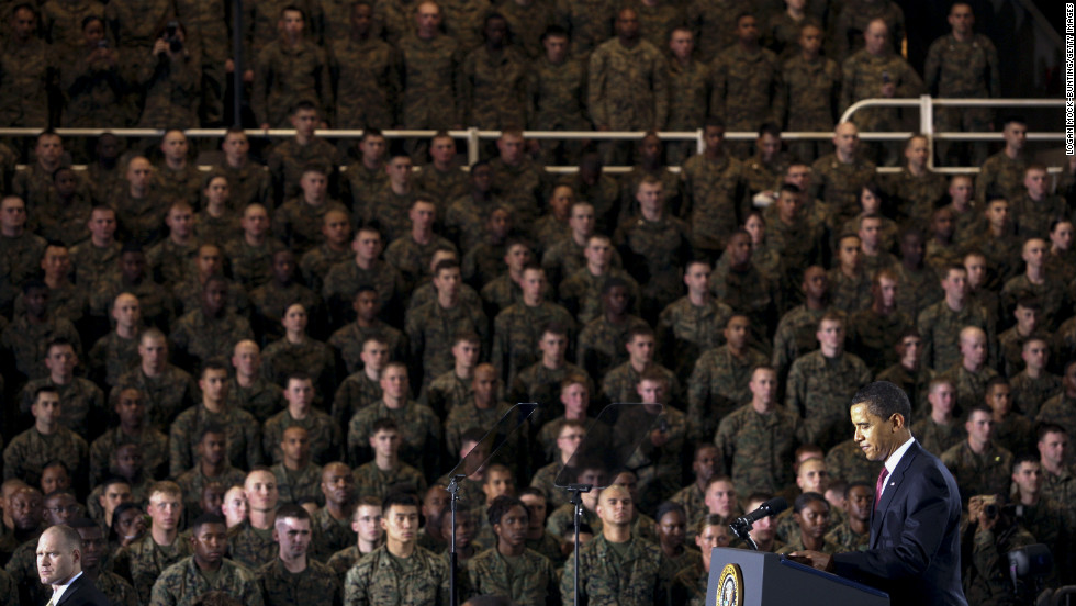 President Barack Obama delivers an address on February 27, 2009, at the largest Marine post on the East Coast, Camp Lejeune in North Carolina. In his speech, Obama outlined plans for the gradual withdrawal of U.S. troops in Iraq.