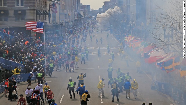 BOSTON - APRIL 15: A second explosion goes off near the finish line of the 117th Boston Marathon on April 15, 2013. (Photo by David L. Ryan/The Boston Globe via Getty Images)