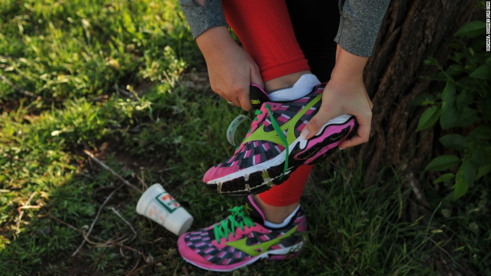 Runners at the Oklahoma City Memorial Marathon wore red socks and leggings in honor of Boston. Green shoe laces honored Oklahoma City.