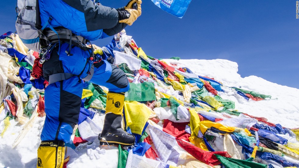 Leif Whittaker stands on the summit of Mount Everest on May 26, 2012.