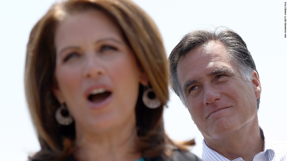 Bachmann endorses Mitt Romney at a May 2012 campaign event in Portsmouth, Virginia. Bachmann ran against Romney for the GOP presidential nomination before dropping out after the Iowa caucuses. 