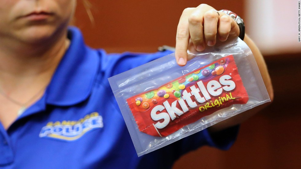 Diana Smith of the Sanford Police Department on Tuesday, June 25, shows the jury a bag of Skittles that was collected as evidence at the crime scene. Martin was said to be carrying the bag of candy and a soft drink at the time of his death.
