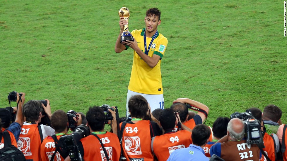 Neymar of Brazil celebrates scoring his team&#39;s second goal in its 3-0 victory over Spain in the final of the Confederations Cup.