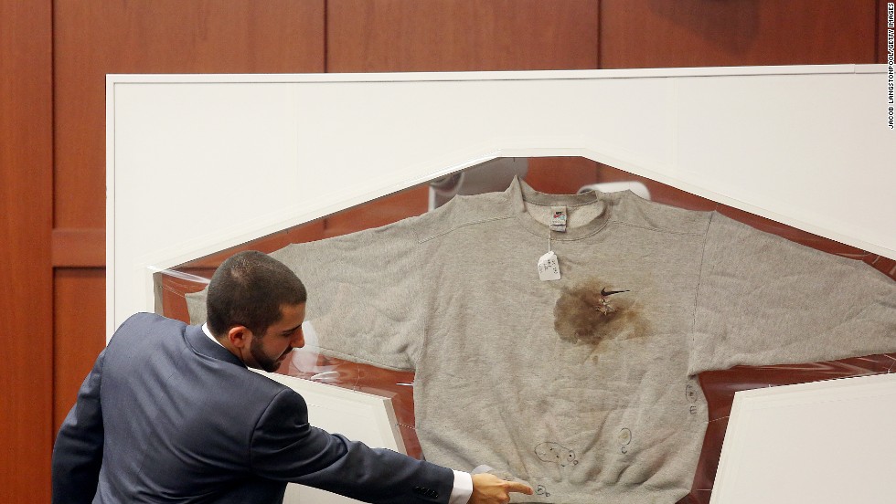Florida Department of Law Enforcement Crime Lab Analyst  Anthony Gorgone testifies about DNA findings on Wednesday, July 3, in Sanford, Florida. Here, Gorgone points to a sweatshirt worn by Trayvon Martin on the night Martin was shot. Only one stain on Martin&#39;s hooded jacket yielded a partial DNA profile that matched Zimmerman&#39;s.