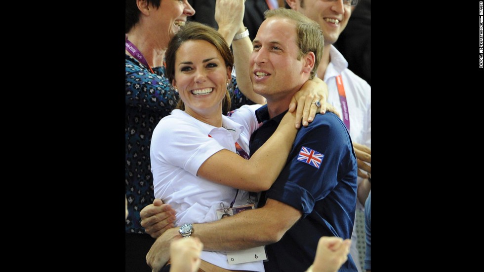 Catherine and William celebrate during cycling events at the Olympic Games in London in August 2012.
