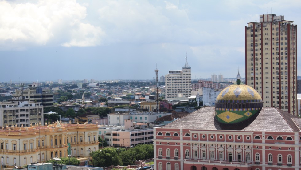Manaus&#39; famous opera house, built in the late 1800s, stands out in the city skyline.