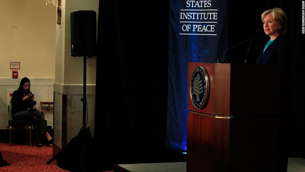 Abedin sits offstage as Clinton speaks on reinvigorating the United States&#39; nonproliferation policy on October 21, 2009, at the Mayflower Hotel in Washington.