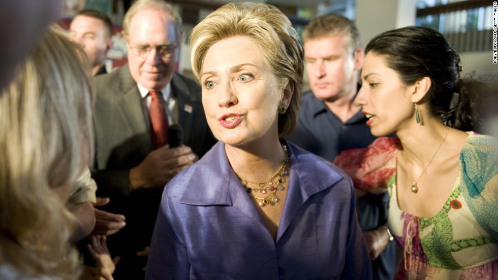 Abedin is by Clinton&#39;s side as she greets doctors and staff in San Juan Bautista Medical Center in Puerto Rico during Clinton&#39;s campaign for president on May 31, 2008. 