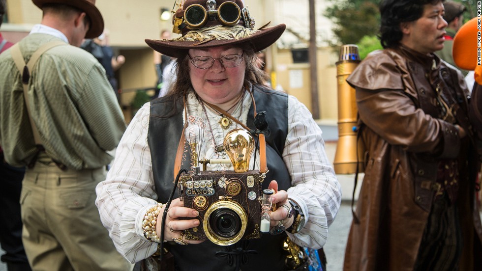 Janet Sella of Naples, Florida, dresses as a steampunk photographer.