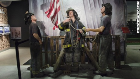 Wax figures of New York City firefighters raising the American flag at Ground Zero are displayed during the &quot;HOPE: Humanity And Heroism&quot; 9/11 wax exhibition at Madame Tussauds in Washington, DC., on May 10.