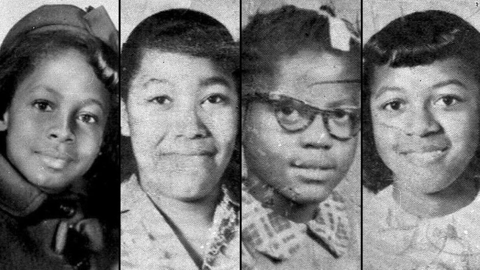 左から, 11-year-old Denise McNair and 14-year-olds Carole Robertson, Addie Mae Collins and Cynthia Wesley were killed while attending Sunday services. Three Ku Klux Klan members were later convicted of murder.