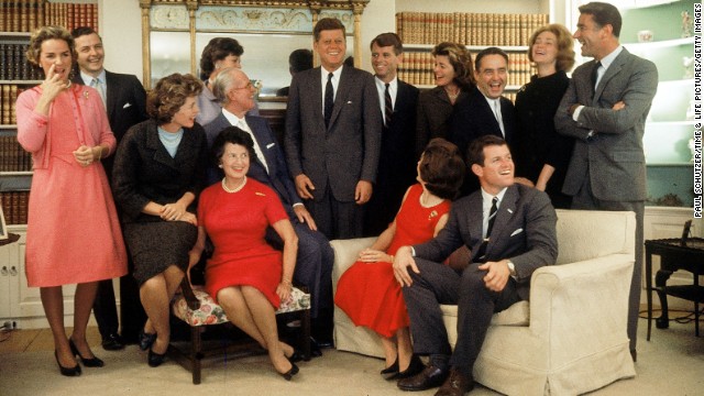 The night after John F. Kennedy won the 1960 Presidential election this family portrait was made in Hyannis Port, Massachusetts, on November 9, 1960. Sitting, from left, Eunice Shriver (on chair arm), Rose Kennedy, Joseph Kennedy, (on chair arm), Jacqueline Kennedy, head turned away from camera, and Ted Kennedy. Back row, from left, Ethel Kennedy, Stephen Smith, Jean Smith, American President John F. Kennedy, Robert F. Kennedy, Pat Lawford, Sargent Shriver, Joan Kennedy, and Peter Lawford.