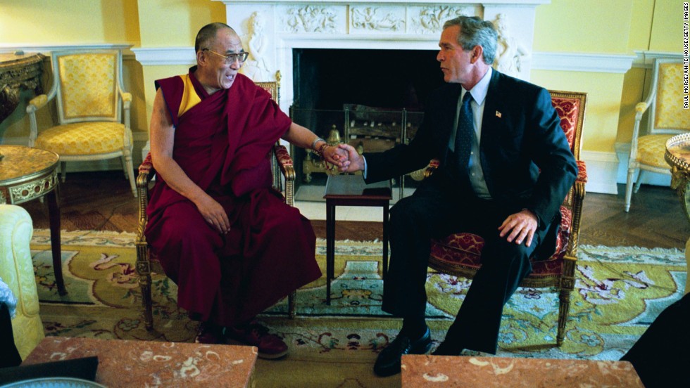 President George W. Bush meets the Dalai Lama at the White House in September 2003.
