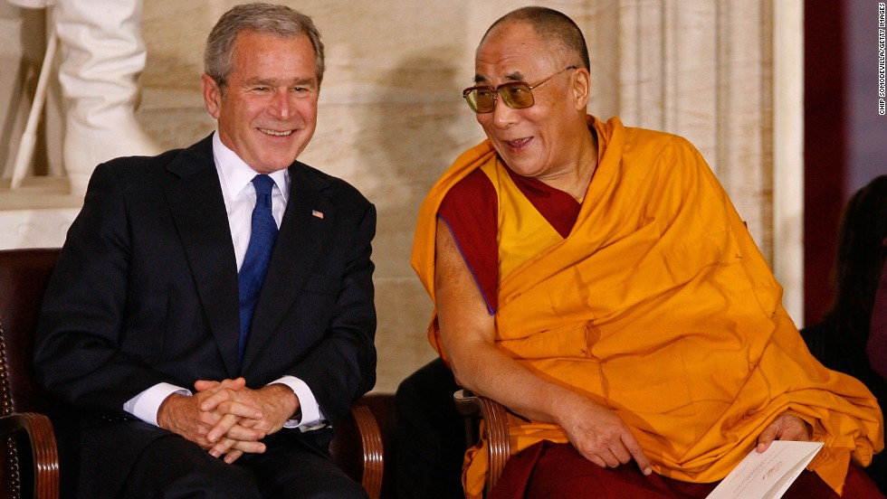 President George W. Bush meets with the Dalai Lama before the Tibetan spiritual leader received the Congressional Gold Medal in October 2007.