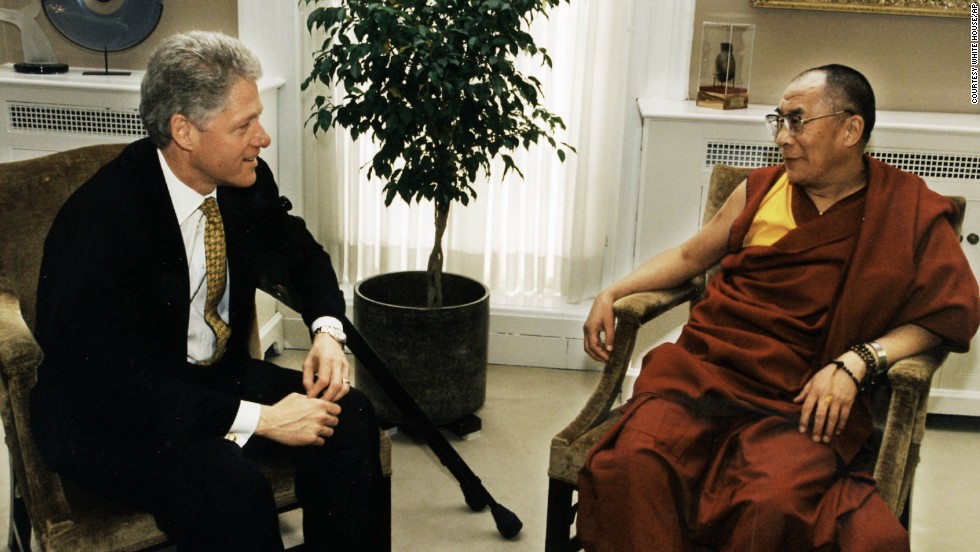 The Dalai Lama meets with President Bill Clinton at the White House. 