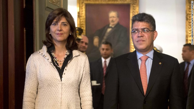 Colombian Foreign Minister Maria Angela Holguin (L) arrives for a meeting with his Venezuelan counterpart Elias Jaua at San Carlos Palace in Bogota on October 10, 2013.AFP PHOTO/Eitan Abramovich (Photo credit should read EITAN ABRAMOVICH/AFP/Getty Images)