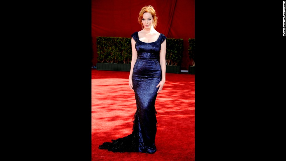 Actress Christina Hendricks wears a dark blue L'Wren Scott gown at the 2009 Primetime Emmy Awards.