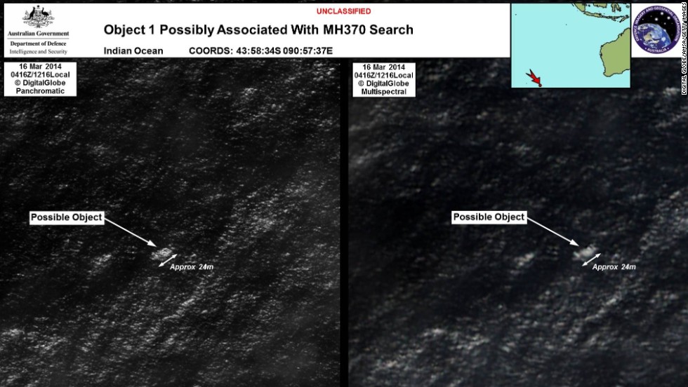 Satellite imagery provided by the Australian Maritime Safety Authority on March 20, 2014, showed debris in the southern Indian Ocean that could have been from Flight 370. The announcement by Australian officials raised hopes of a breakthrough in the frustrating search.