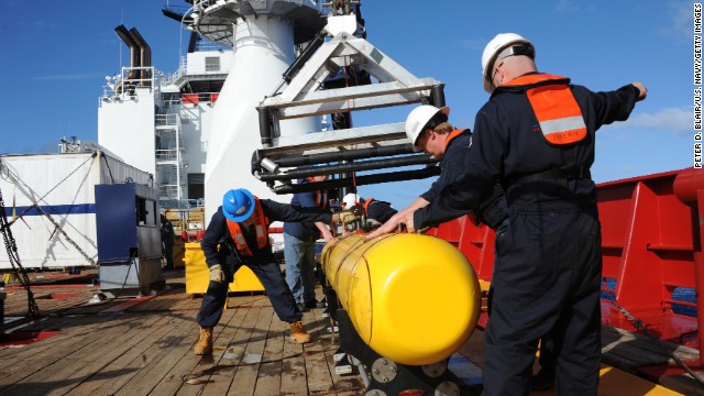 In this handout image provided by the U.S. Navy, The Bluefin 21, Artemis autonomous underwater vehicle (AUV) is hoisted back on board the Australian Defence Vessel Ocean Shield after successful buoyancy testing April 1, 2014 in the Indian Ocean. Joint Task Force 658 is currently supporting Operation Southern Indian Ocean, searching for the missing Malaysia Airlines flight MH370. The airliner disappeared on March 8 with 239 passengers and crew on board and is suspected to have crashed into the southern Indian Ocean. (Photo by Mass Communication Specialist 1st Class Peter D. Blair/U.S. Navy via Getty 