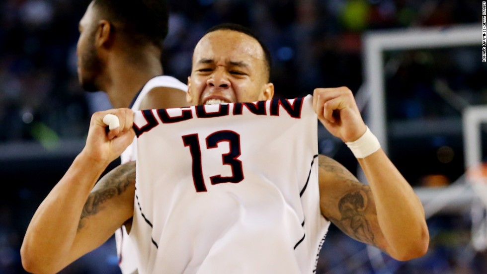 Connecticut guard Shabazz Napier celebrates on the court.