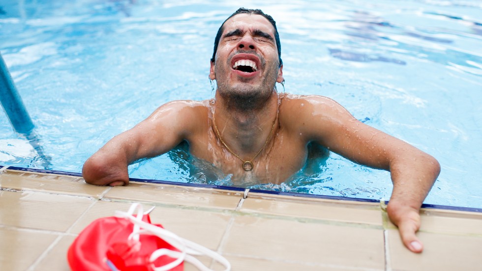 Daniel Dias emerges from the water after competing in the 50-meter butterfly during a Paralympic swimming competition Saturday, April 26, in Sao Paulo, Brazil.