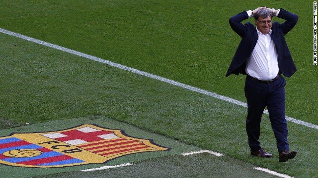 Barcelona's Argentinian coach Gerardo "Tata" Martino reacts during the Spanish league football match FC Barcelona vs Club Atletico de Madrid at the Camp Nou stadium in Barcelona on May 17, 2014. AFP PHOTO/ QUIQUE GARCIA QUIQUE GARCIA/AFP/Getty Images