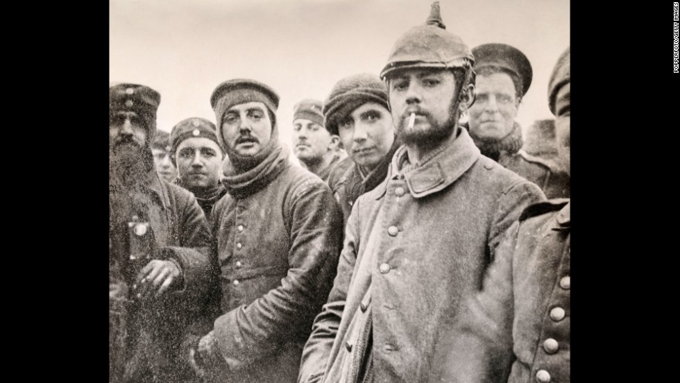 German and British troops are seen together during the Christmas Truce of 1914.