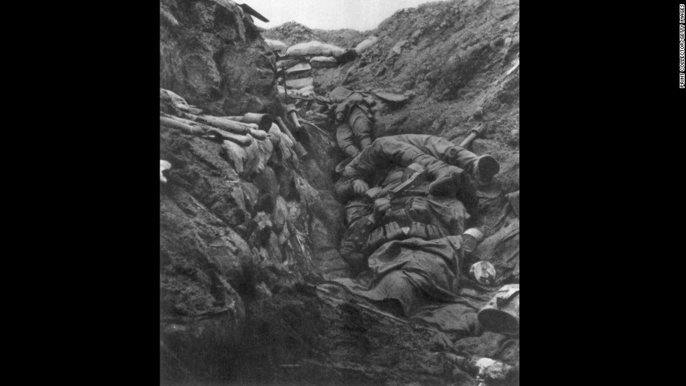 Dead bodies lie piled in a trench at Verdun on April 9, 1916.