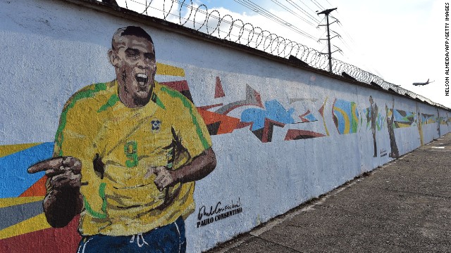 Graffiti depicting Brazilian football star Ronaldo, painted by Brazilian street artist Paulo Consentino in celebration of the FIFA 2014 World Cup.